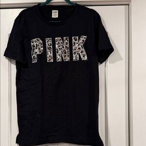 PINK Victoria's Secret Black Tee with Graphic sequined cheetah Letters small